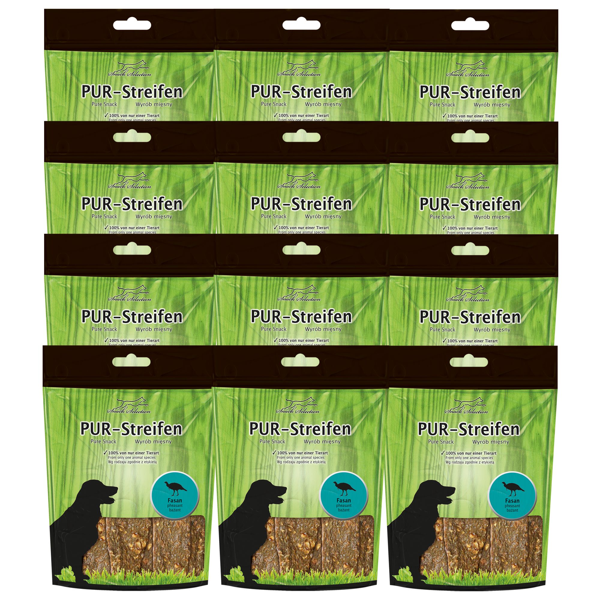 Mehrere Packungen Schecker Dörrfleisch - Pur Streifen Fasan. Grün-braune Verpackung mit Produktname, Hundesilhouette und Fasan-Illustration.