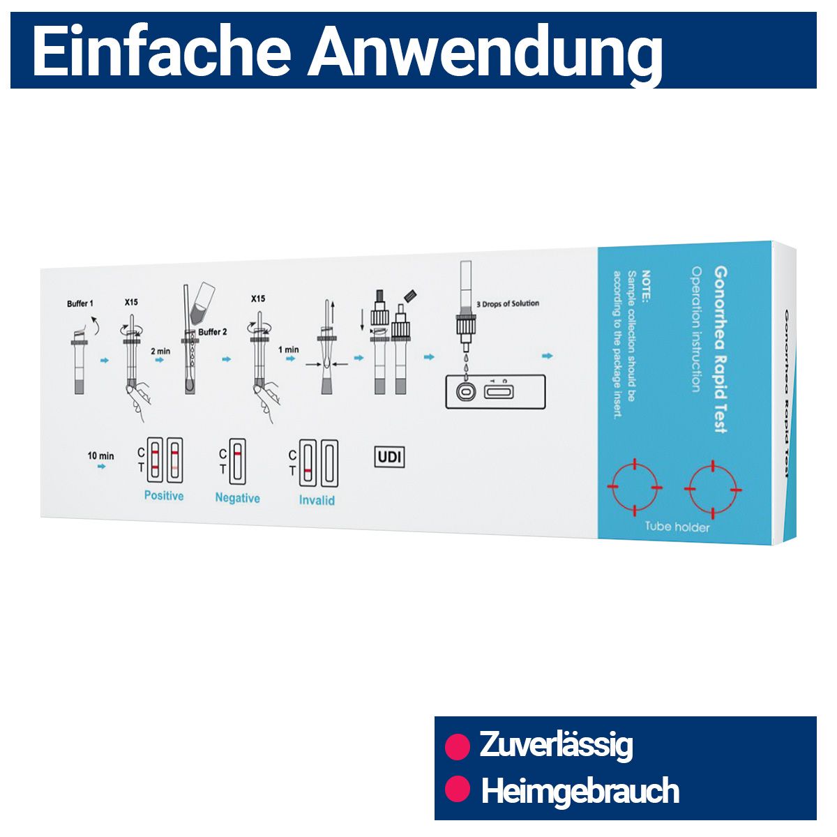 Anleitung Gonorrhoe Schnelltest: Einfache Anwendung mit 6 Schritten. Zeigt positive, negative und ungültige Ergebnisse.