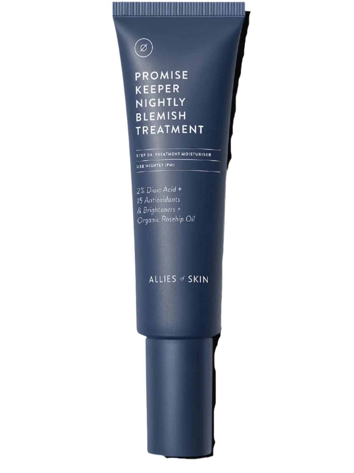 Blaue Tube mit weißer Schrift. Produktname: Promise Keeper Nightly Blemish Treatment. Enthält 2% Dioic Acid, Antioxidantien und Rosenhip Oil.