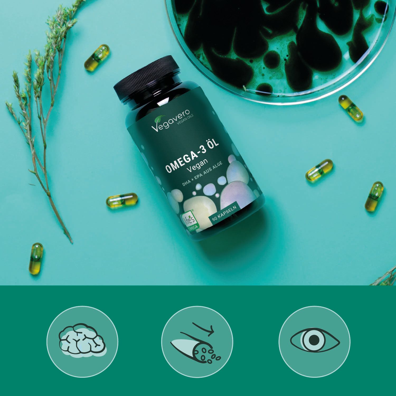 Grüne Kapseln und Flasche mit VEGAVERO OMEGA-3 ÖL. Aufschrift: Vegan. DHA + EPA AUS ALGE. 90 Kapseln. Symbole: Gehirn, Blutgefäße, Auge.