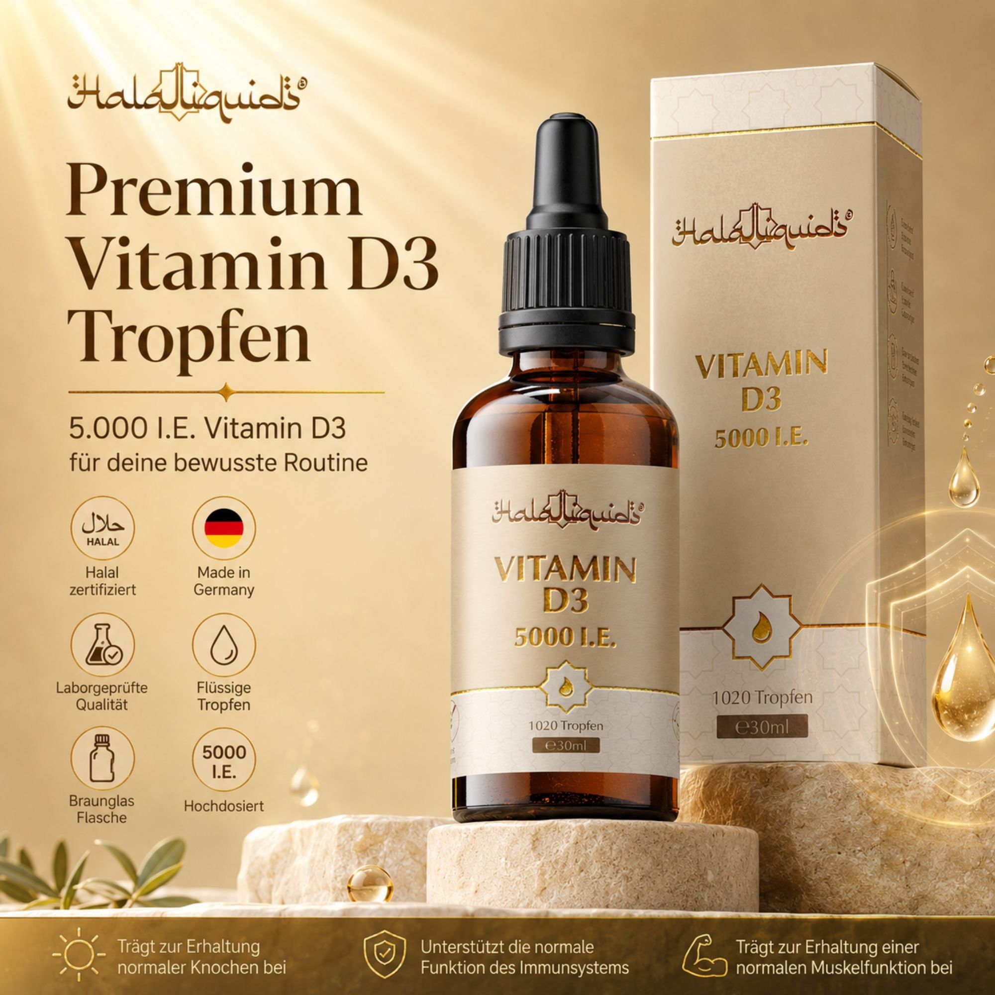 Vitamin D3 Tropfen 5000 I.E. in Braunglasflasche mit Pipette, neben Faltschachtel. Halal, Made in Germany.