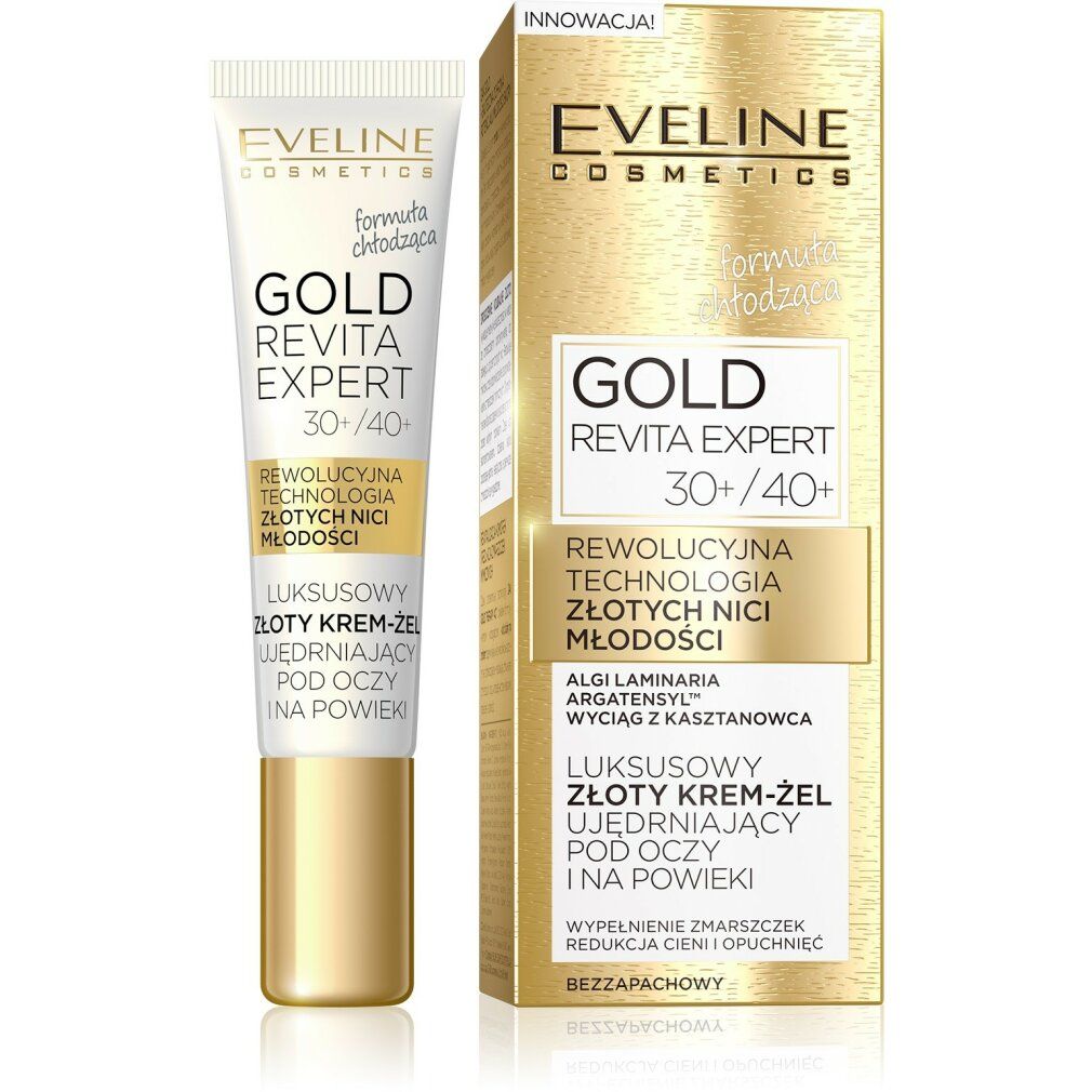 Creme-Gel-Tube und Schachtel 'Eveline Cosmetics Gold Revita Expert 30+/40+'. Goldfarbene Verpackung. Text in polnischer Sprache.