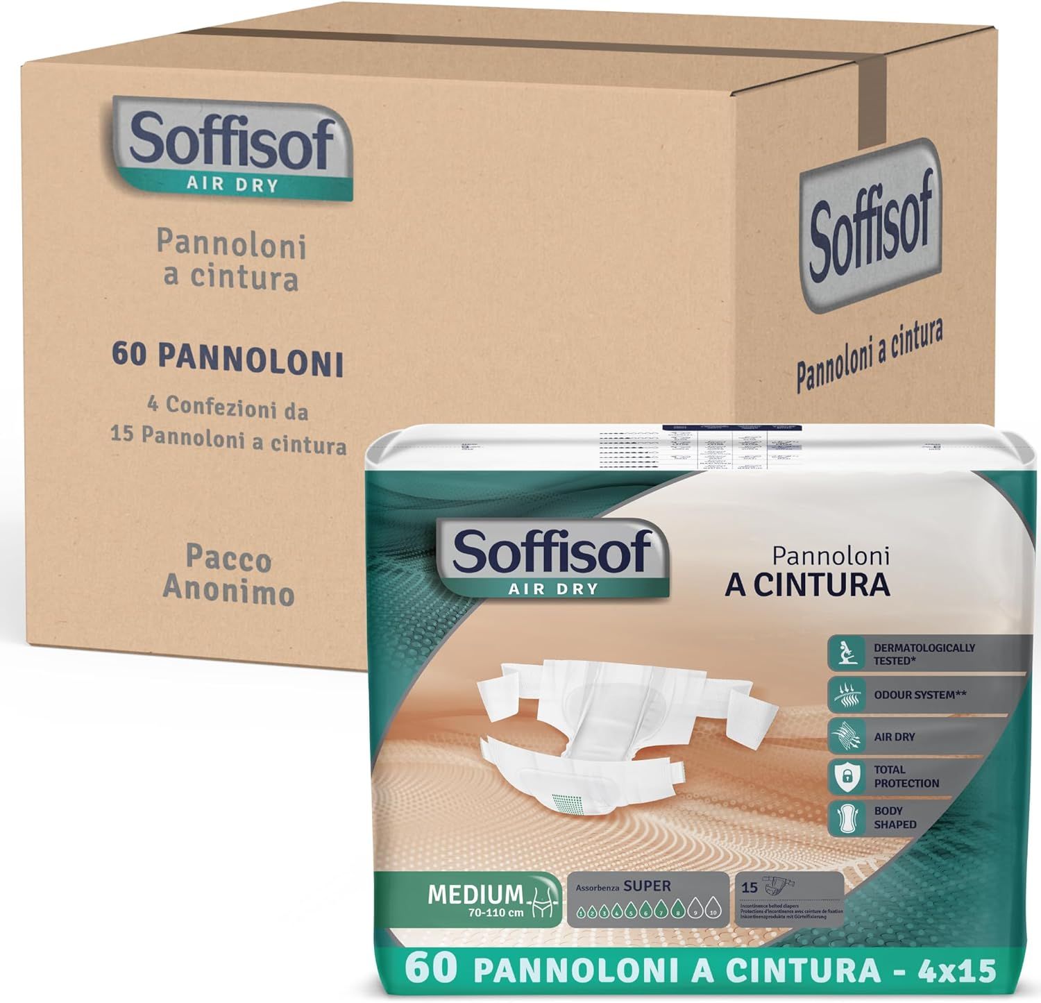 Zwei Soffisof-Verpackungen. Eine Packung und eine Kartonverpackung. Produktname und Eigenschaften sind sichtbar.