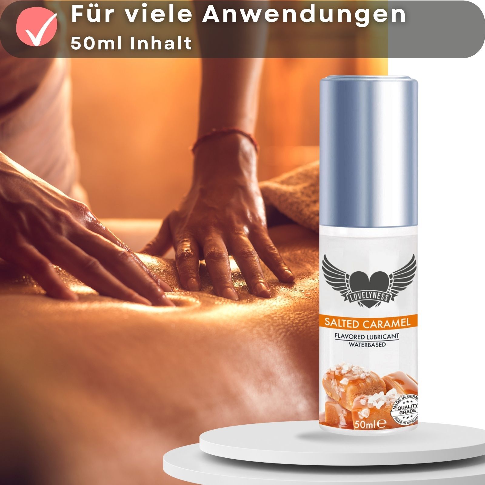 Gleitgel mit Aroma Caramel. Flasche mit silbernem Deckel. Für viele Anwendungen. Massage.