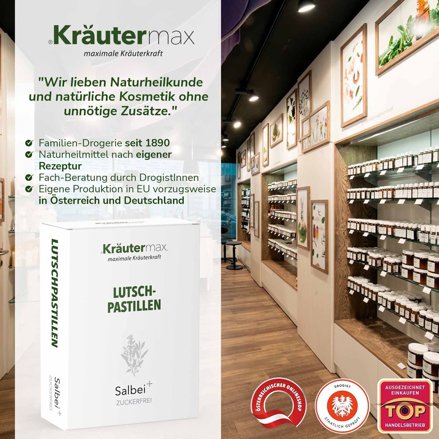 Kräutermax Lutschpastillen Salbei plus Vitamin C in einer Apotheke. Zitate und Logos.