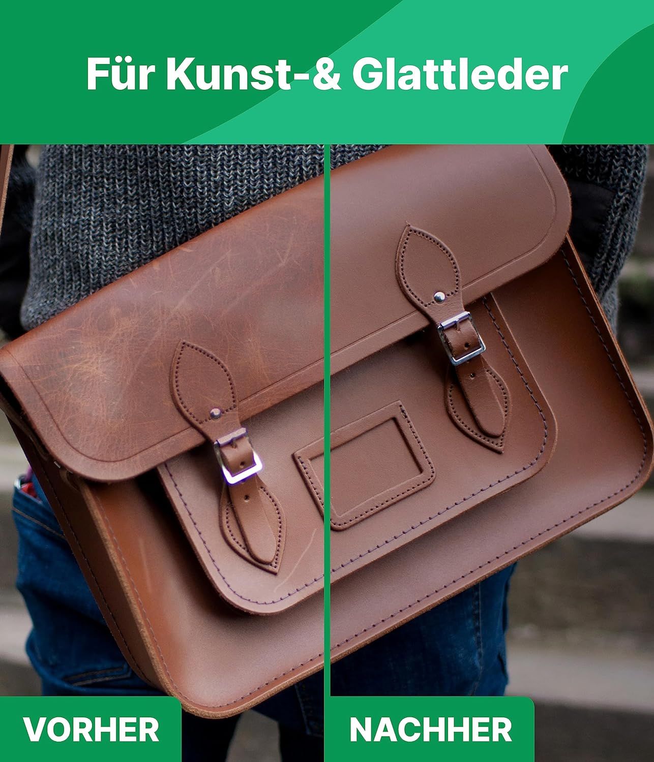 Leder-Tasche, Vorher-Nachher-Vergleich. Produkt mit Schwamm. Text: "Für Kunst- & Glattleder".