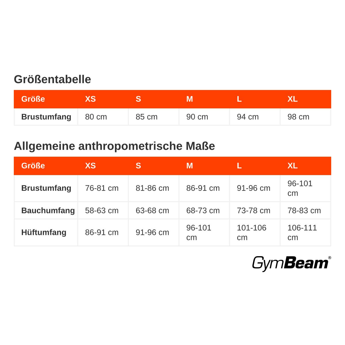 Größentabelle mit Brustumfang für Größen XS bis XL. Enthält allgemeine anthropometrische Maße wie Brust-, Bauch- und Hüftumfang.