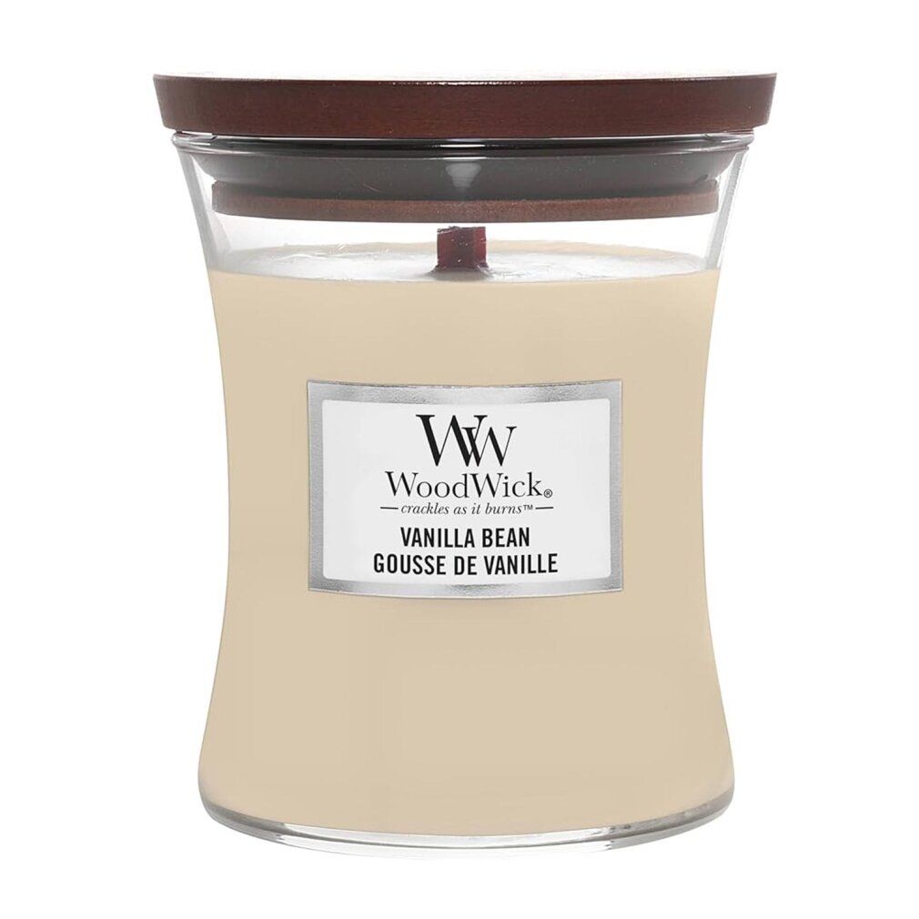 Sanduhrförmige Kerze mit Deckel. Aufschrift: WoodWick, Vanilla Bean.