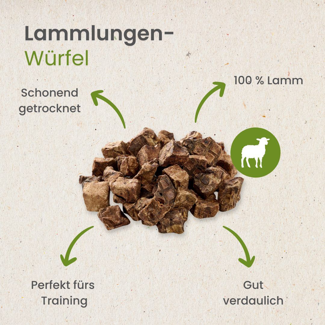 Lamm Lungenwürfel für Hunde. Schonend getrocknet, 100% Lamm, gut verdaulich.