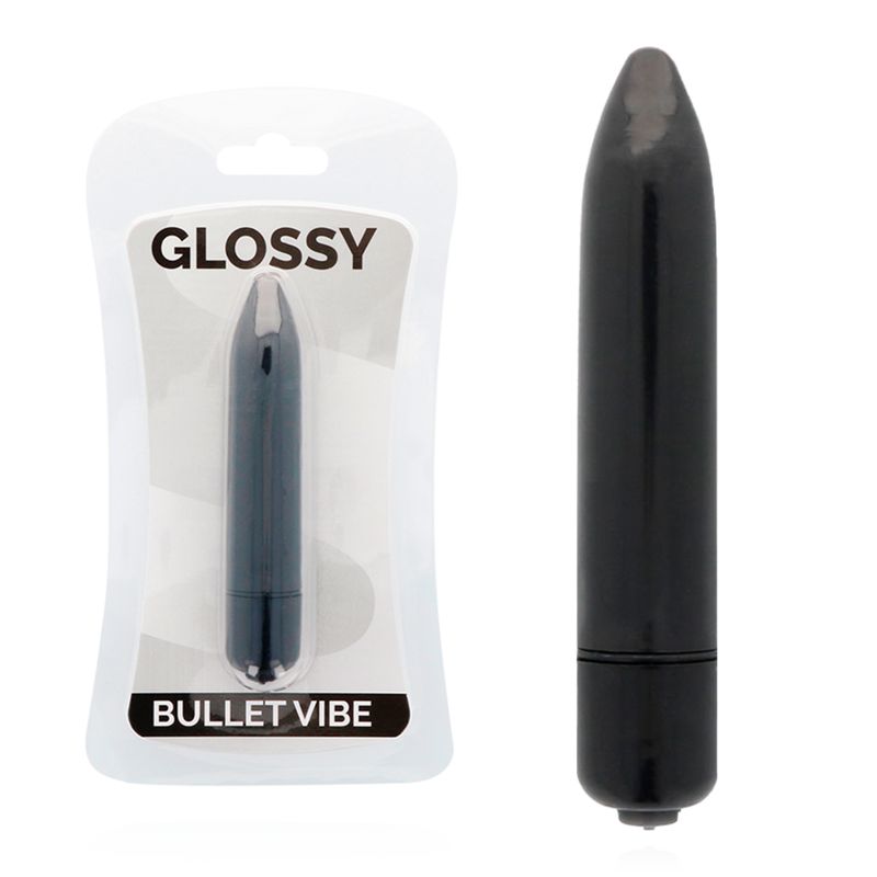 GLOSSY Bullet Vibe in Blisterverpackung und separater Minivibrator. Schwarzer Minivibrator mit abgerundeter Spitze.