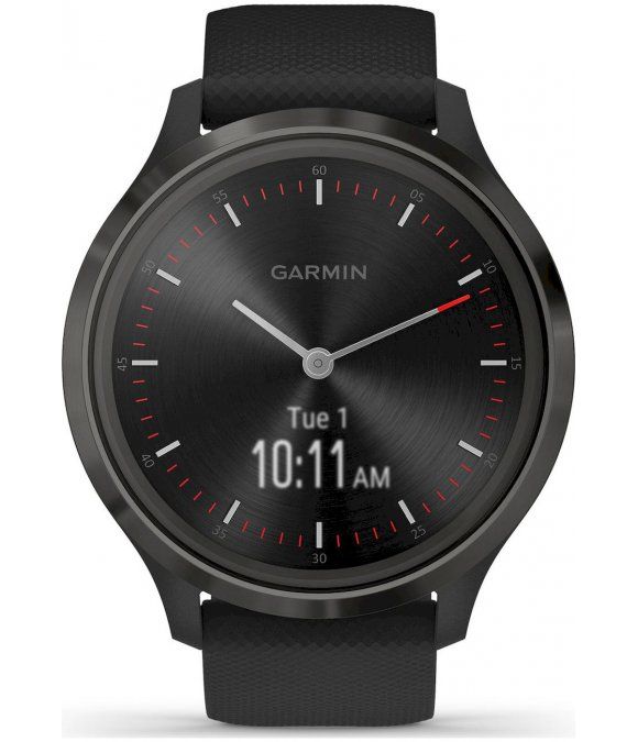 Schwarze Garmin Smartwatch mit rundem Zifferblatt. Zeigt die Uhrzeit und das Datum an. Schwarzes Armband.