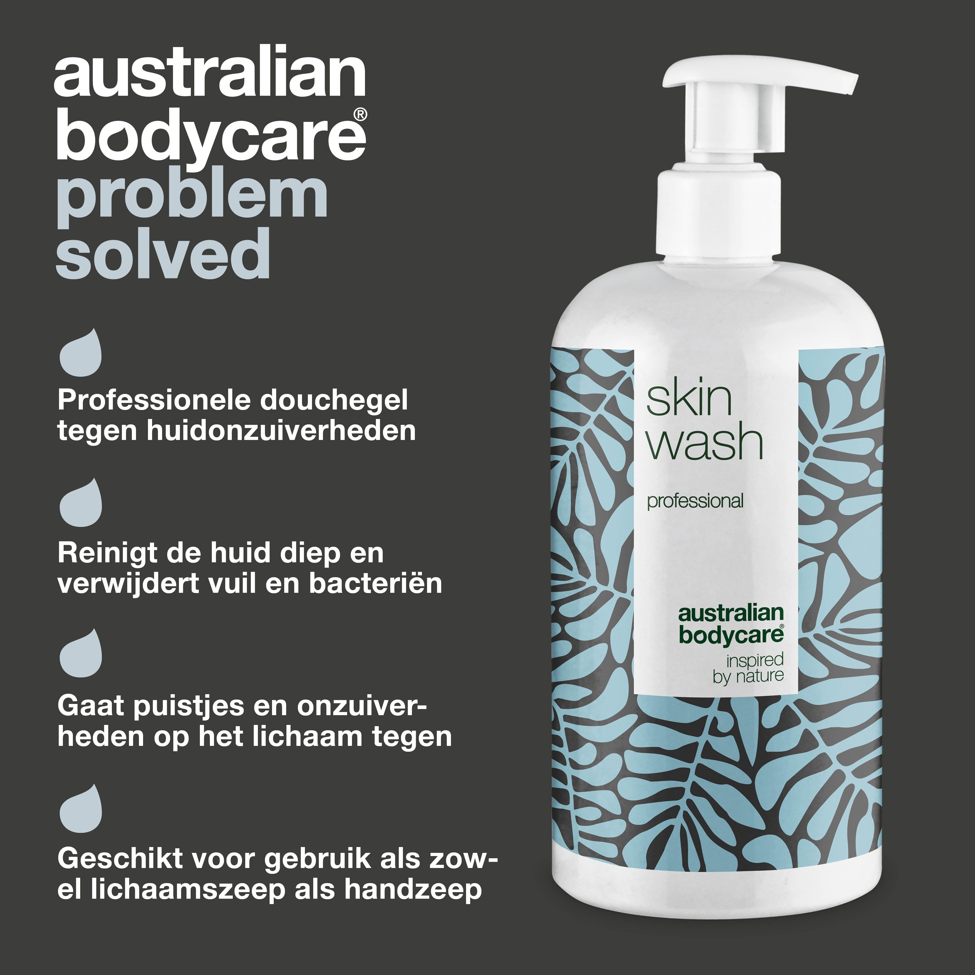 'Skin wash professional' fles. Tekst: 'Professionele douchegel tegen onzuiverheden'. Logo 'Australian Bodycare'.