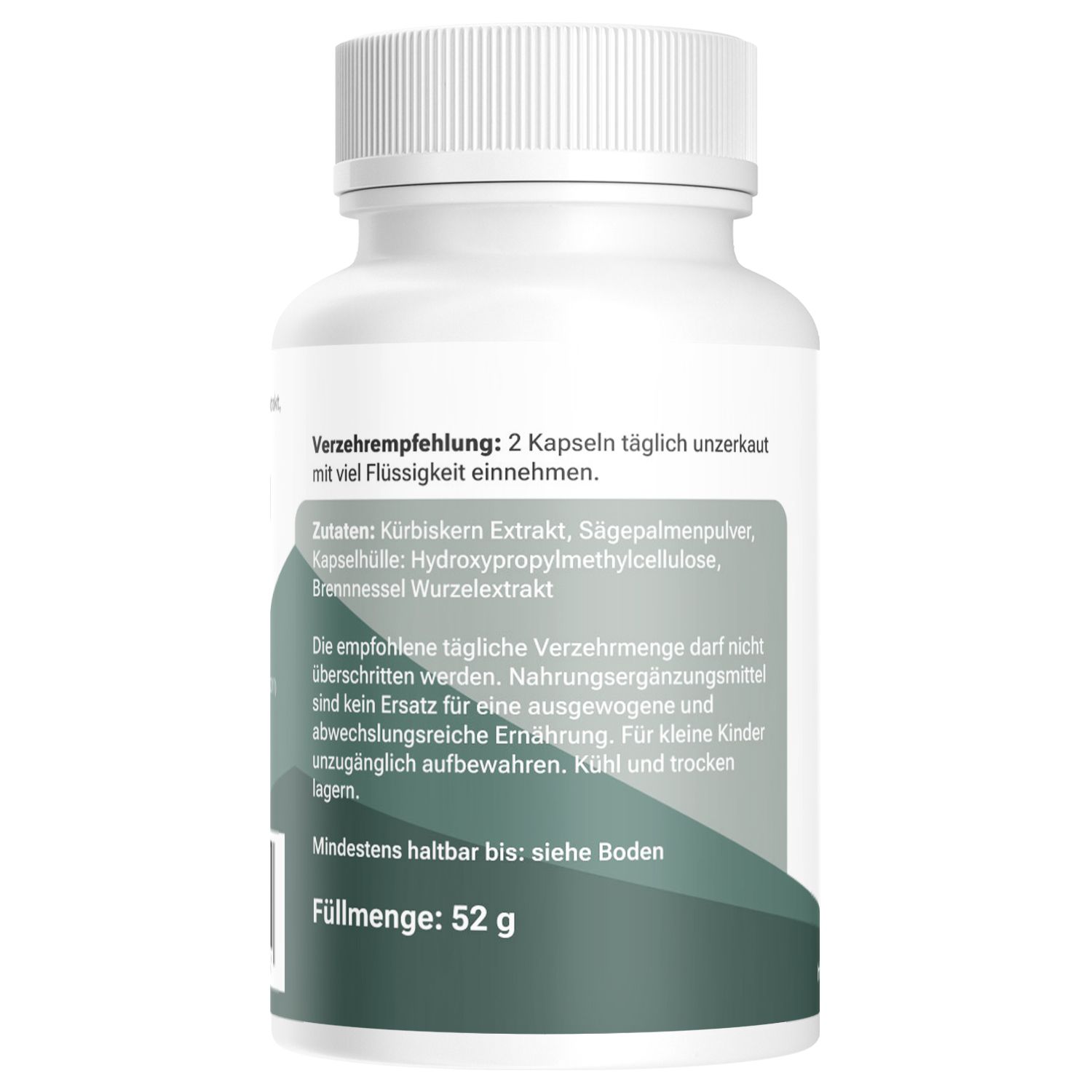 Rückseite der Kapsel-Dose. Text: Verzehrempfehlung, Zutaten, Mindestens haltbar bis. Füllmenge: 52 g. Nahrungsergänzungsmittel.