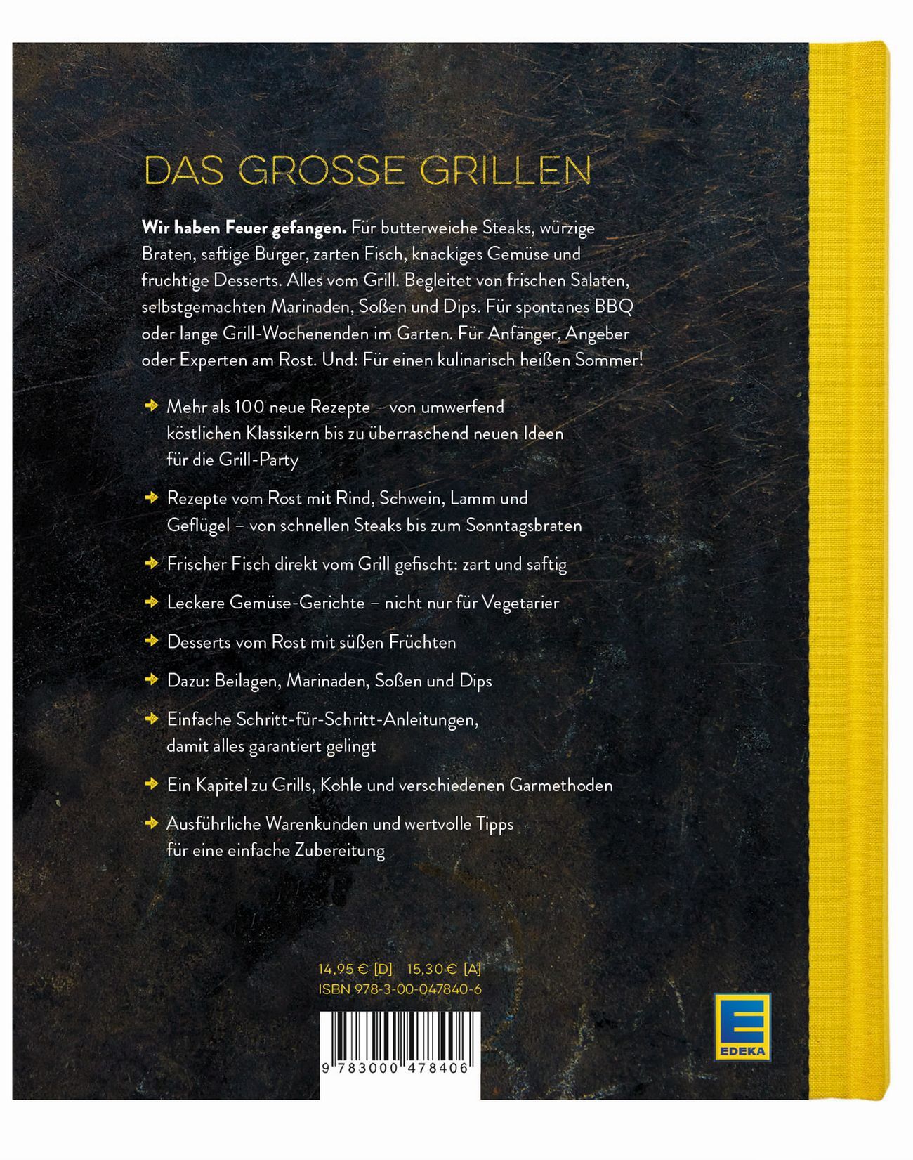 Rückseite des Buches "Grillen - Das Buch" mit gelbem Einband. Text in Schwarz. EDEKA-Logo unten. ISBN-Nummer und Preisangaben.
