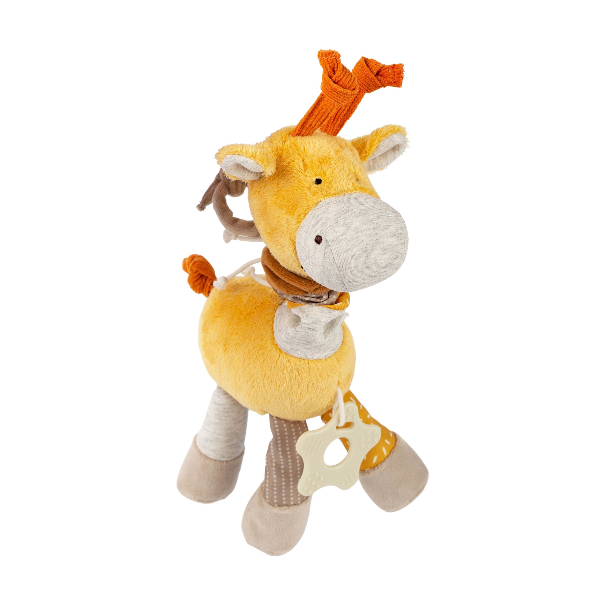 Gelbe Stoffgiraffe mit Stern-Beißring. Verschiedene Stoffe und Muster. Orangefarbene Ohren. Schnur zum Ziehen.