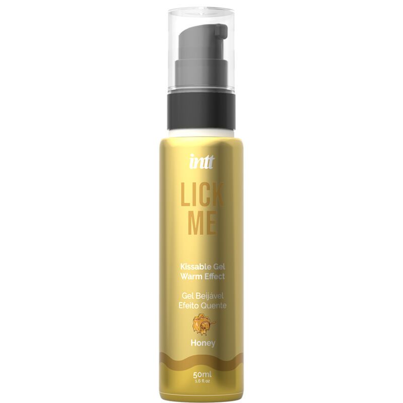 Goldfarbene Flasche mit schwarzem Pumpkopf. Aufschrift: intt Lick Me, Kissable Gel, Warm Effect, Gel Beijável, Efeito Quente, Honey. 50ml.