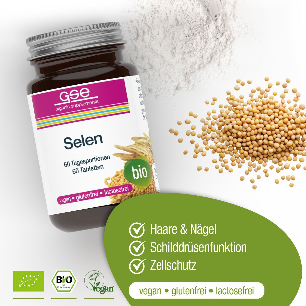 Braune Glasflasche mit "Selen"-Aufdruck. "GSE organic supplements" und "bio" sind sichtbar. 60 Tabletten, vegan, glutenfrei, laktosefrei. Körner.