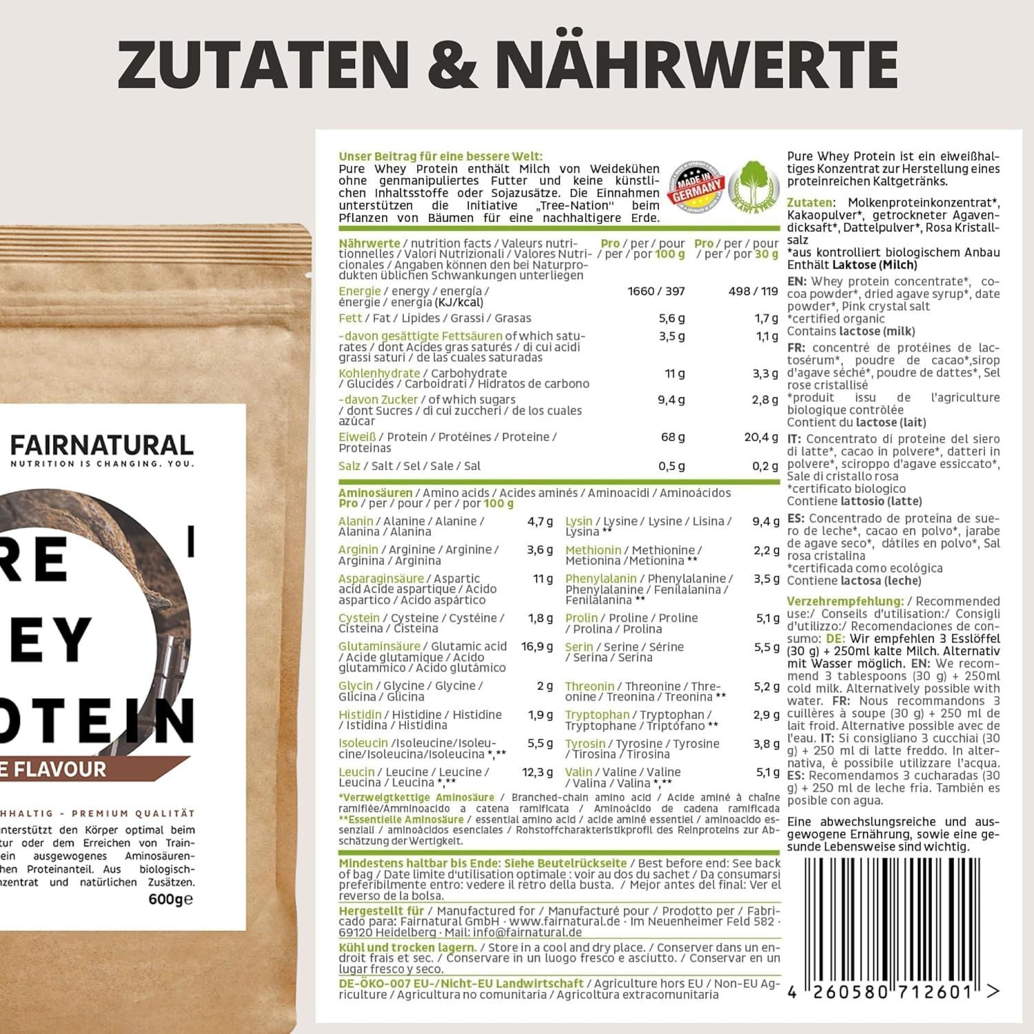 Detailansicht der Nährwerttabelle von FAIRNATURAL Bio Whey Protein-Pulver. Text: Zutaten & Nährwerte, pro 100g, pro Portion.