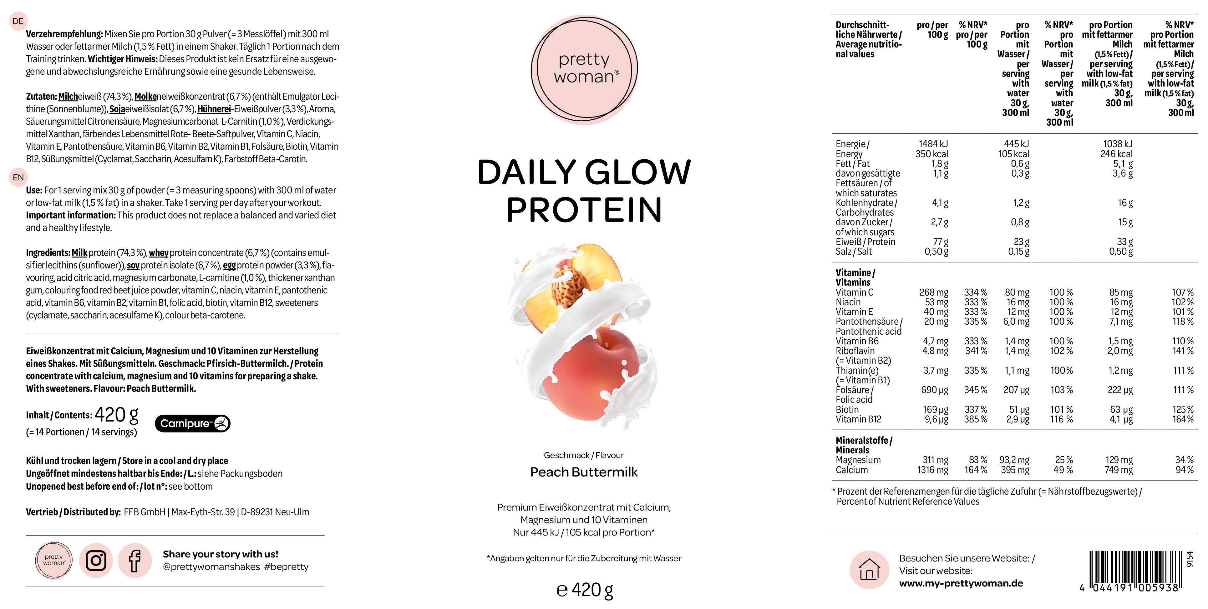 Etikett mit Produktinformationen. "Pretty Woman Daily Glow Protein" mit Pfirsich-Buttermilch-Geschmack. Enthält Nährwertangaben und Inhaltsstoffe.