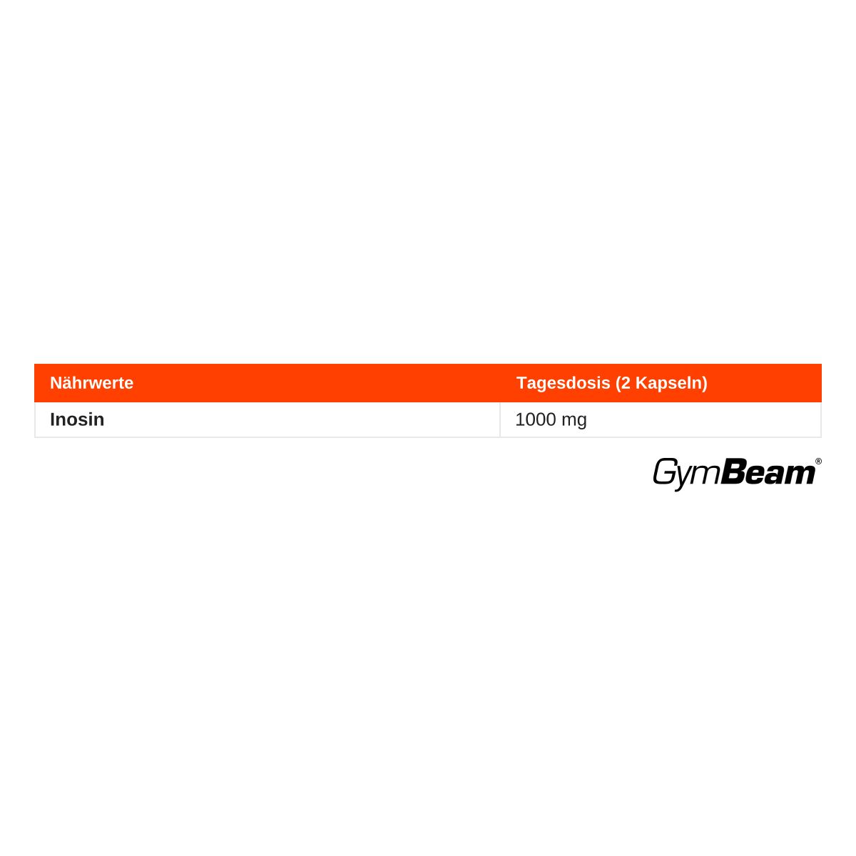 GymBeam Inosine Nährwertangaben: 1000 mg Inosin pro Tagesdosis (2 Kapseln).