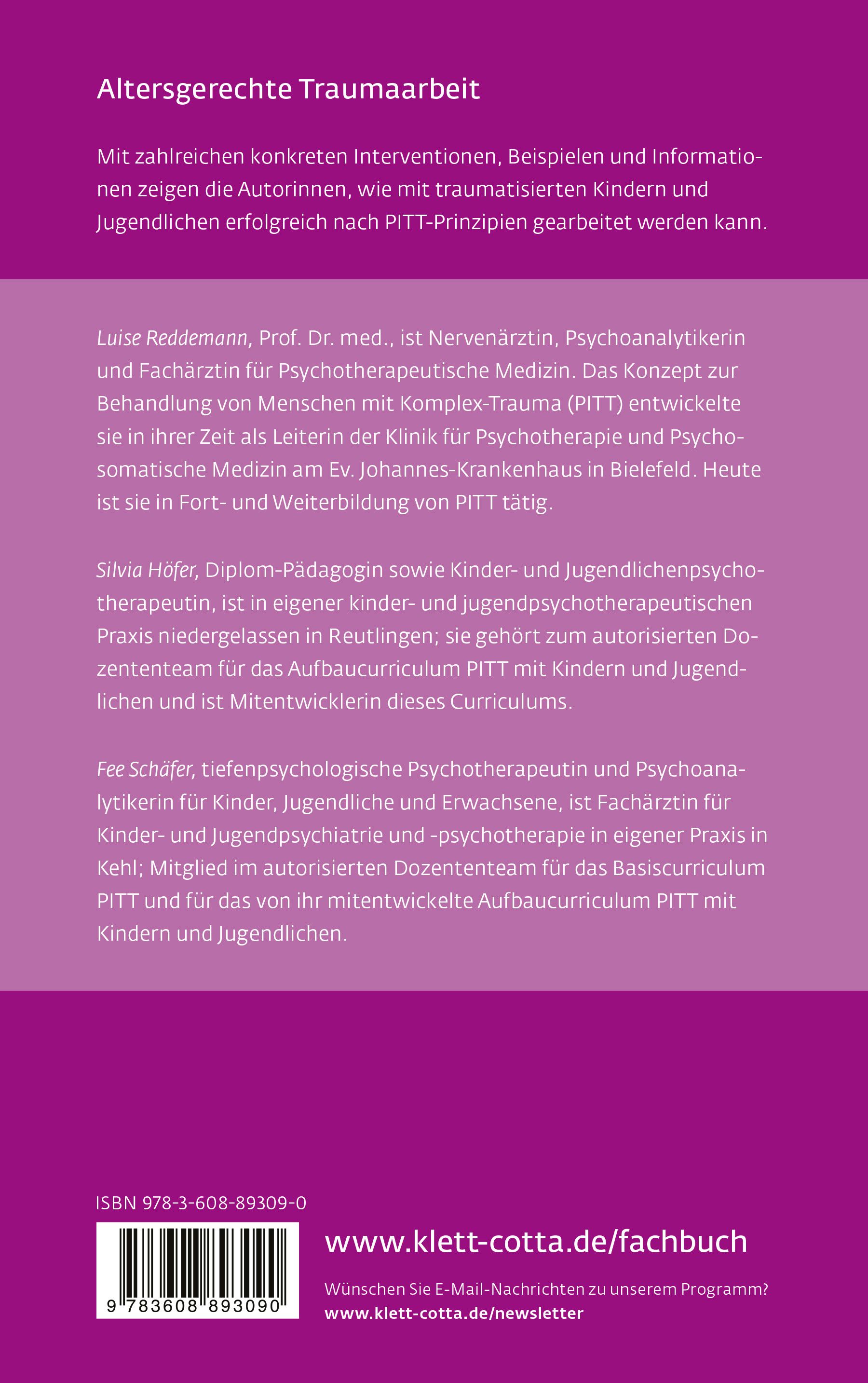 Rückseite des Buches PITT mit Kindern und Jugendlichen. Text, Autoreninformationen, ISBN, Klett-Cotta Logo.