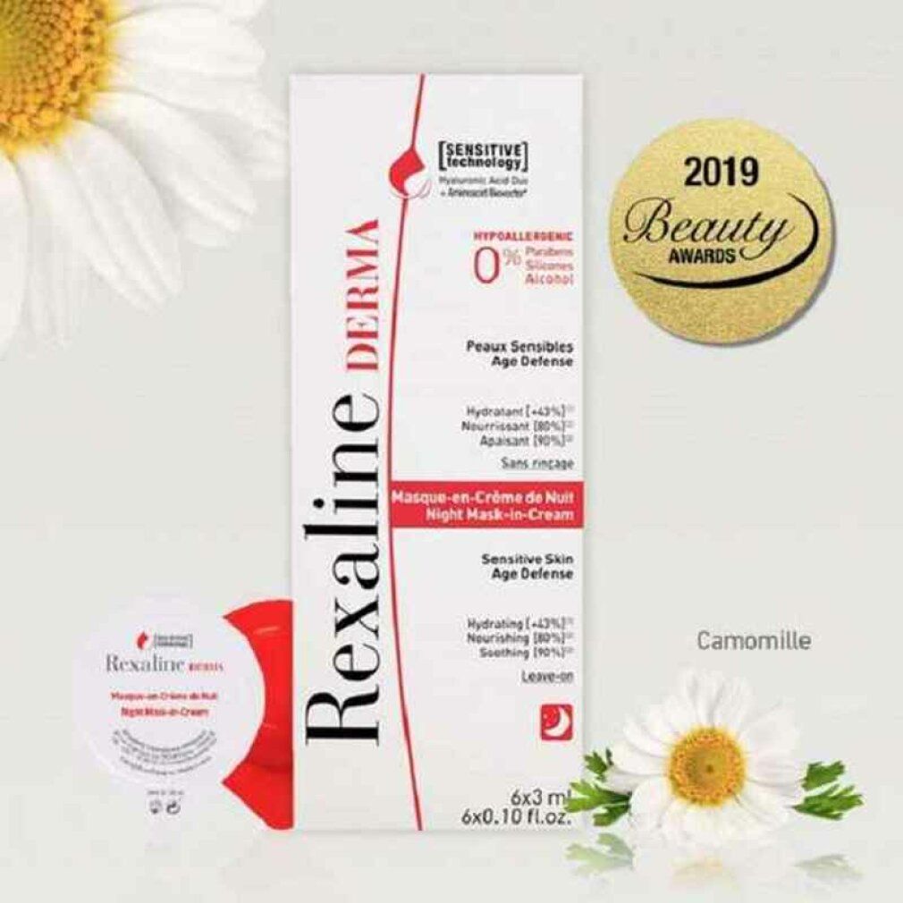 Weiße Verpackung mit Text: Rexaline Derma, Masque-en-Crème de Nuit, Night Mask-in-Cream. 2019 Beauty Awards. Kamille.