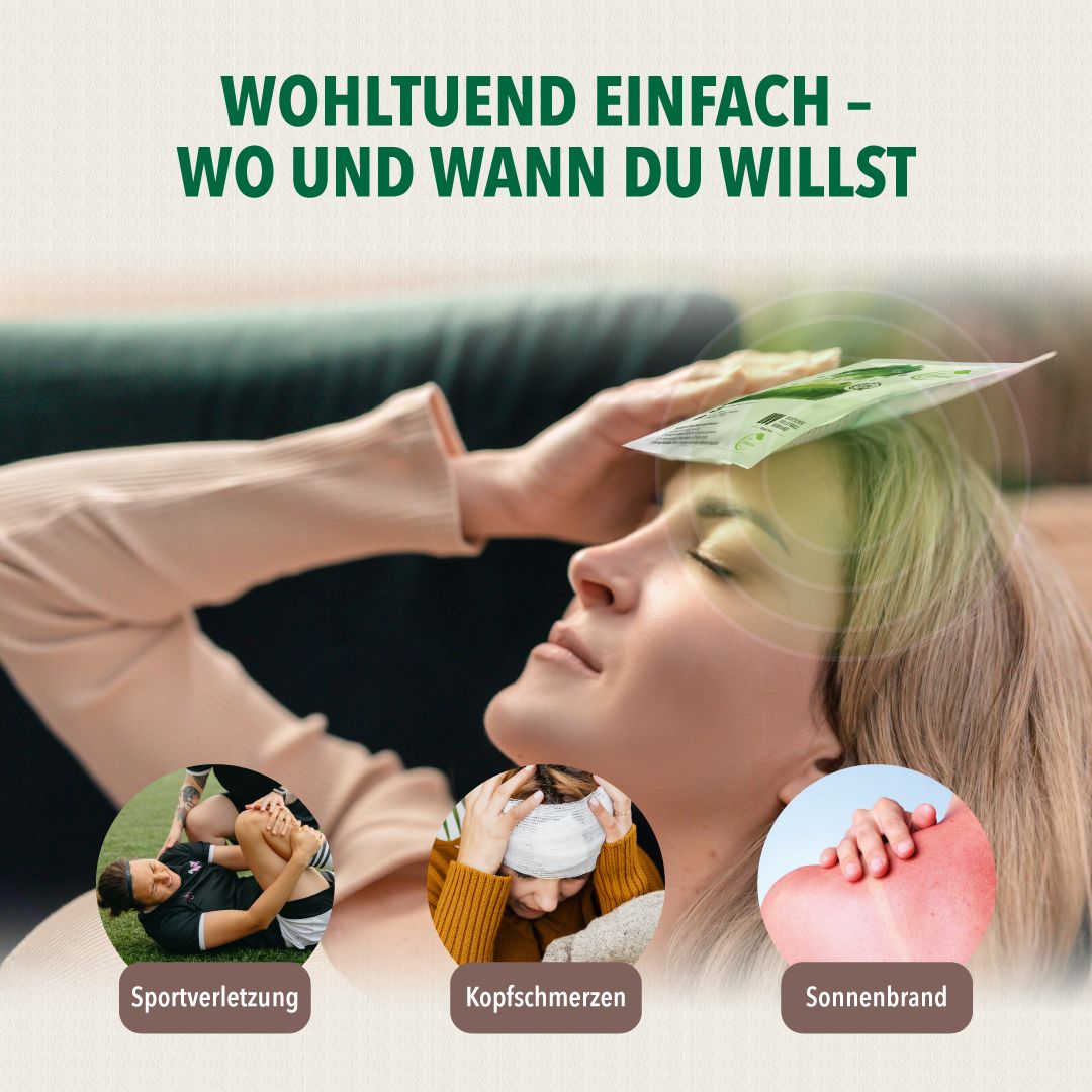 Frau mit Kältekompresse auf der Stirn. Illustrationen: Sportverletzung, Kopfschmerzen, Sonnenbrand. Text: Wohltuend einfach.