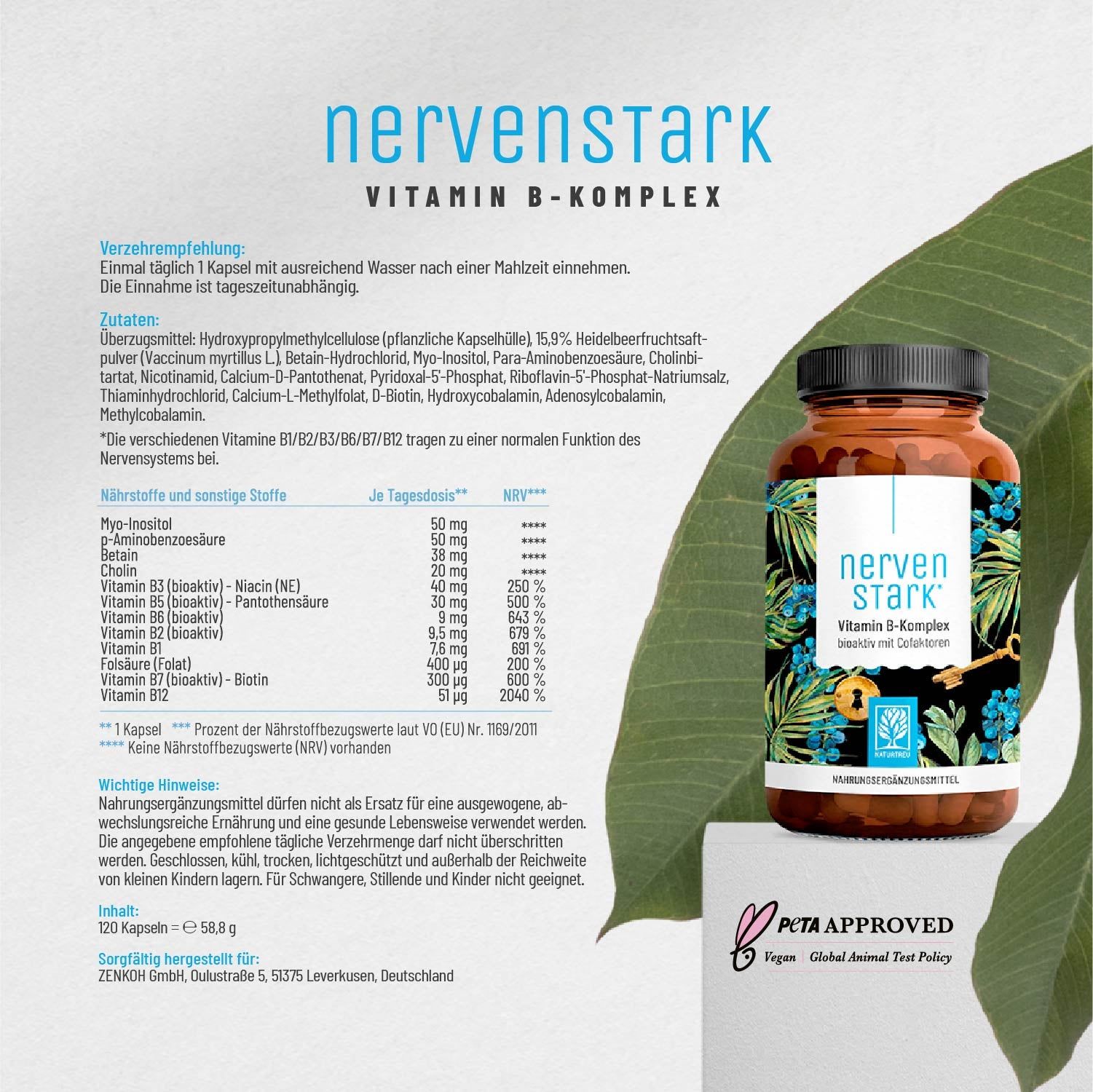 Braune Flasche mit "Nerven Stark" und "Vitamin B-Komplex". PETA-Logo. Text: "120 Kapseln".