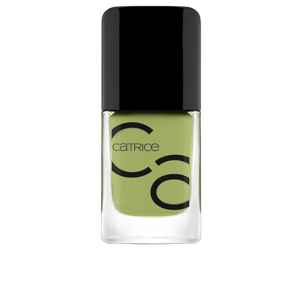 Nagellackflasche mit schwarzem Deckel. Grüner Nagellack. Aufschrift: Catrice.