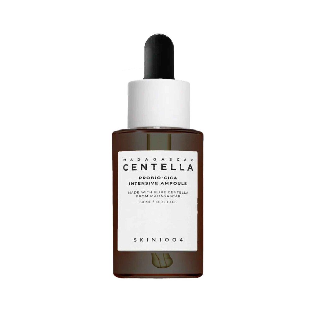 Braune Glasflasche mit Pipettenverschluss, SKIN1004 Centella Ampulle, Nahaufnahme.