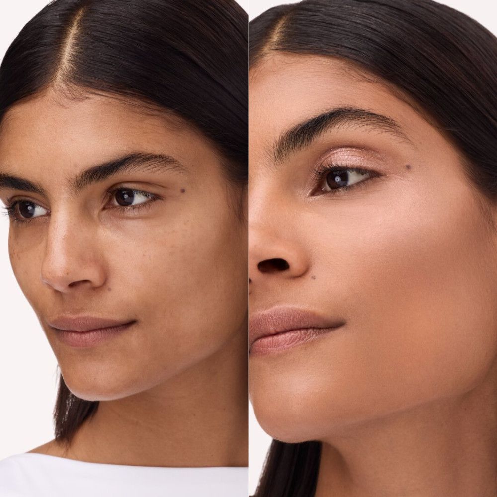 Vorher-Nachher-Vergleich: Gesicht mit und ohne Highlighter. Deutlicher Unterschied im Hautton und Glanz.