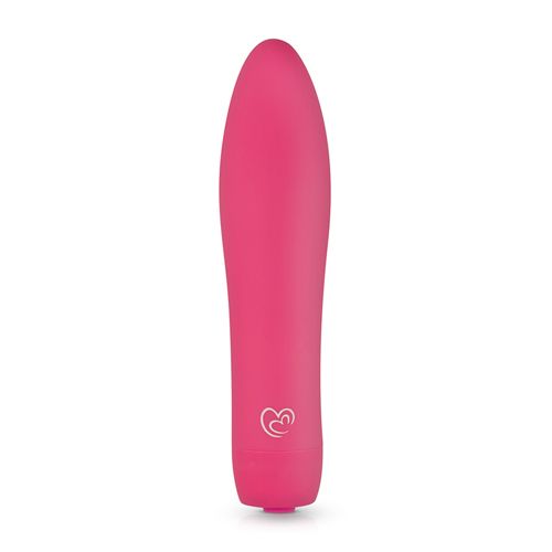 Pinkfarbener Vibrator. Zylindrische Form mit abgerundeter Spitze. Am unteren Ende befindet sich ein Knopf und ein Herz-Logo.