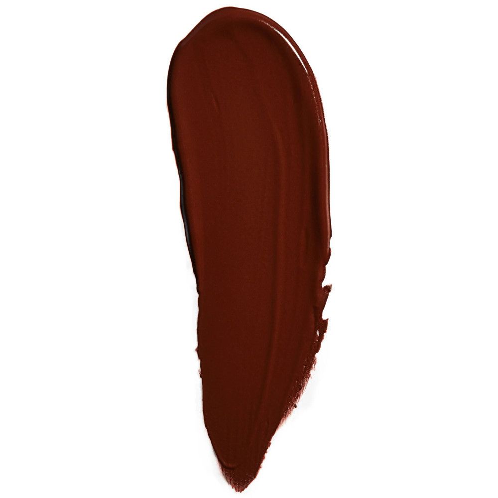 Brauner Lipgloss-Abstrich auf weißem Hintergrund. Die Textur ist glatt und deckend.