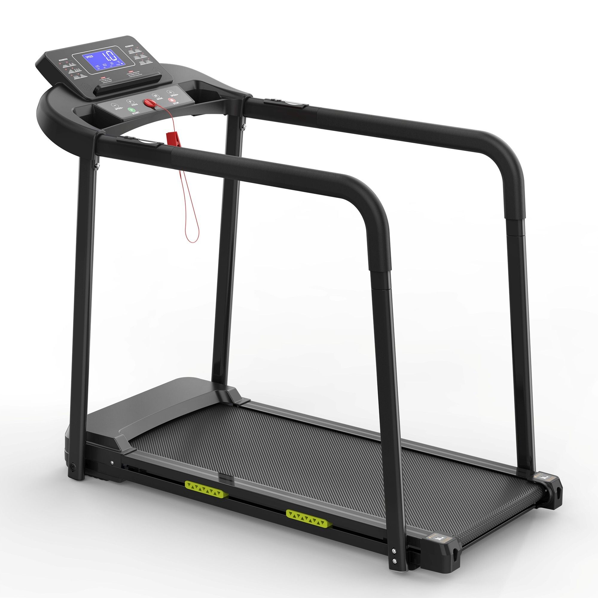 Schwarzes Laufband mit langem Handlauf. Großes LCD-Display. Für Senioren. Perspektivische Ansicht.