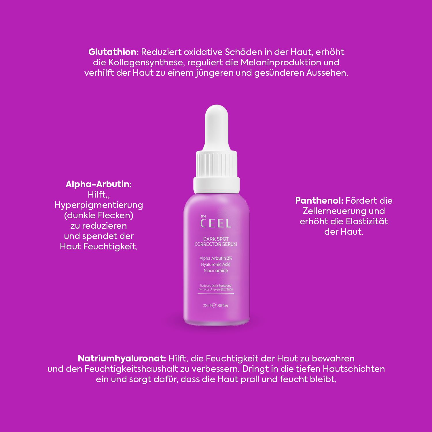 Lila Flasche des THE CEEL Anti Dark Spot Corrector Serums mit Pipettenverschluss, umgeben von Text über Inhaltsstoffe.