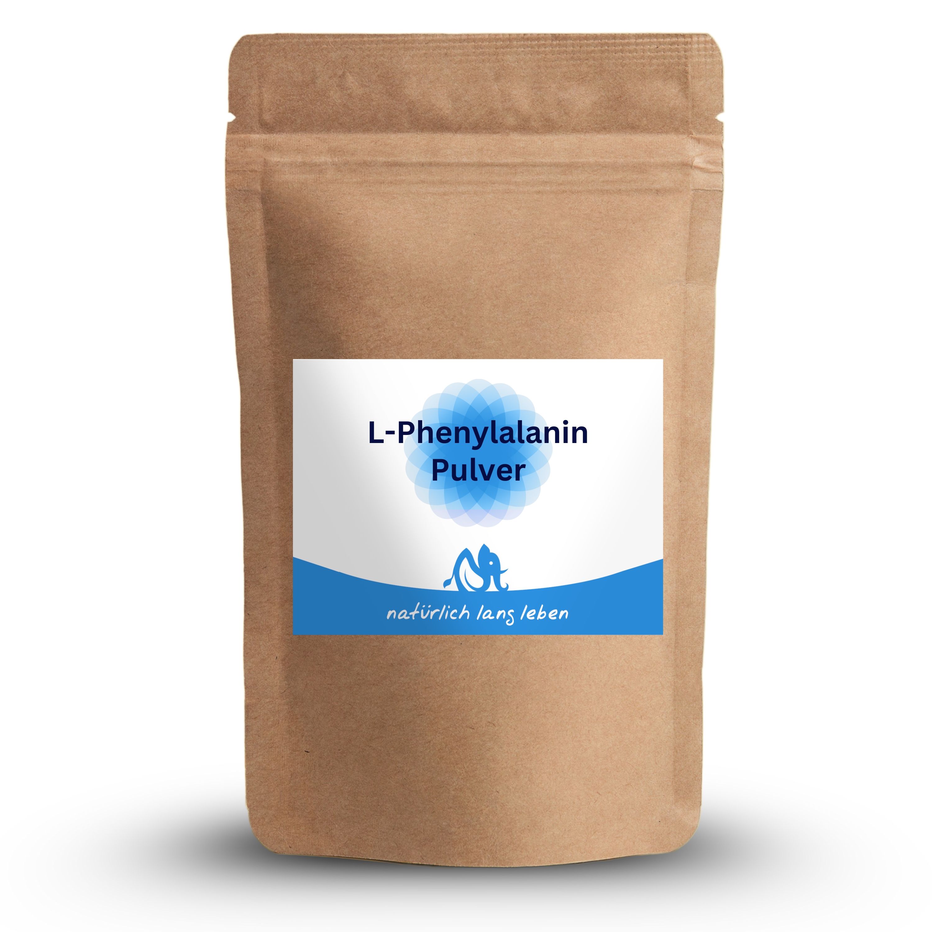 Braune Pulverpackung mit blau-weißem Etikett. Aufschrift: L-Phenylalanin Pulver. Marke: natürlich lang leben.