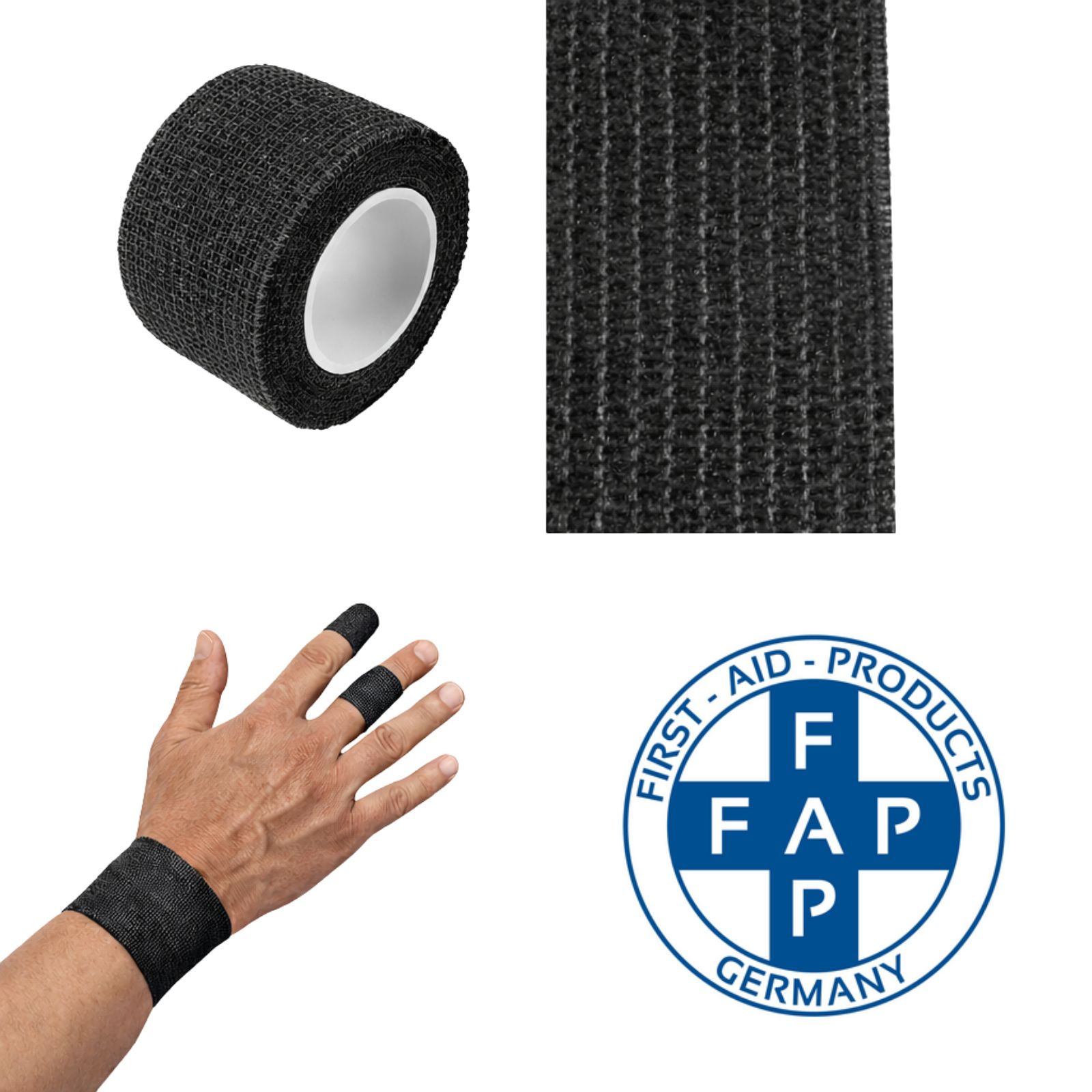 FAP First Aid Products - Finger-Schnellverband schwarz - elastisch , selbsthaftend - 2,5 cm x 5 m