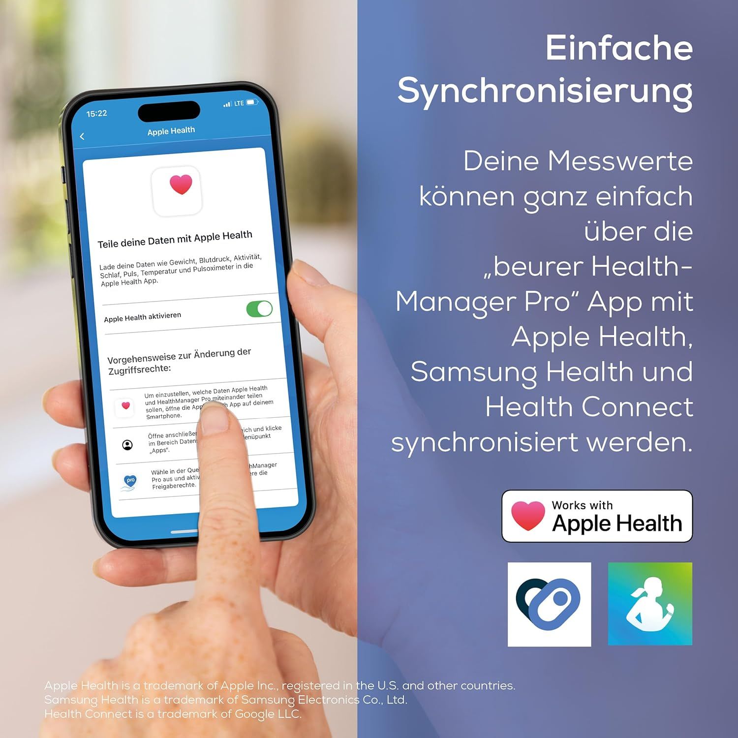 Smartphone mit App-Ansicht. Synchronisierung der Messwerte mit Apple Health. Logo: Apple Health. Text: Einfache Synchronisierung.