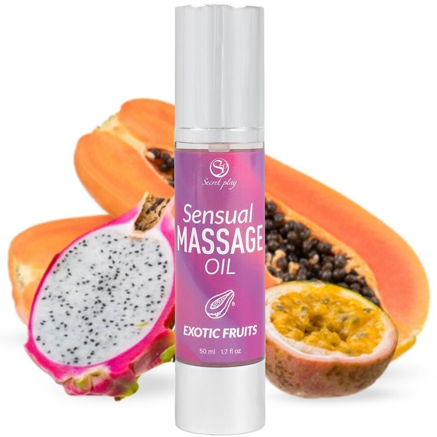 Flasche Massageöl mit Früchten. Aufschrift: Sensual Massage Oil Exotic Fruits. Papaya, Drachenfrucht, Passionsfrucht.