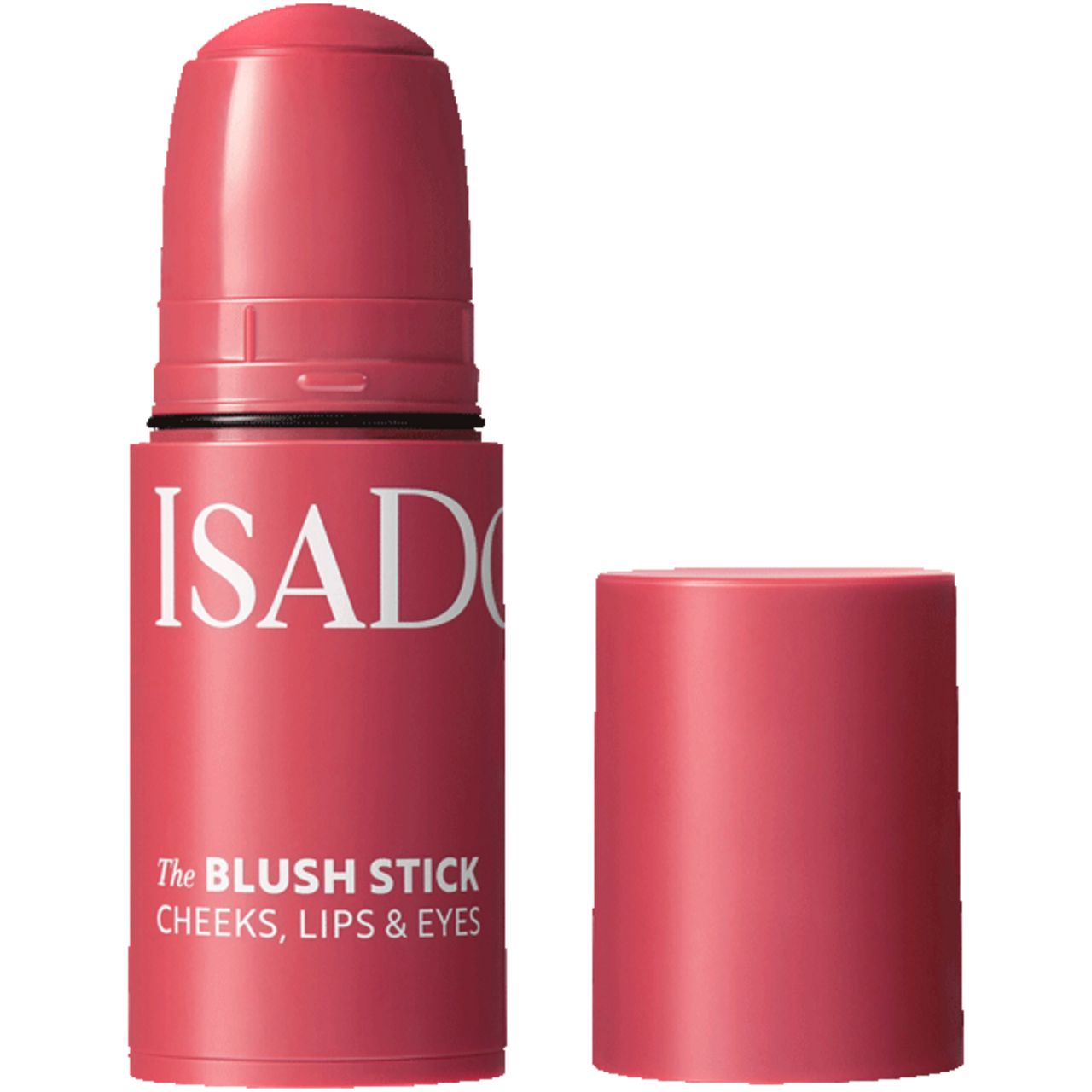 Rosa Blush Stick mit geöffneter Kappe. Aufschrift: IsaDora, The Blush Stick, Cheeks, Lips & Eyes.