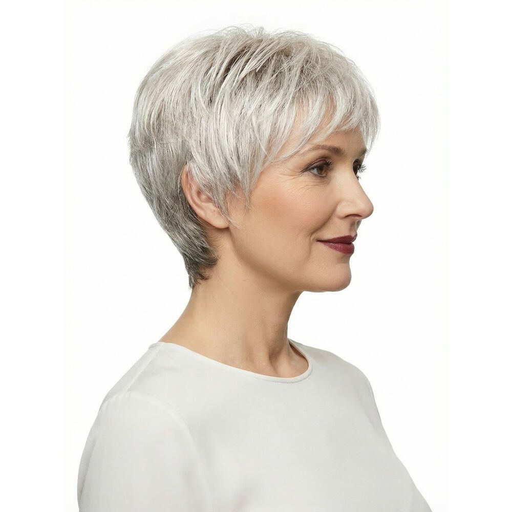 Kurzhaarperücke in Grau. Frau trägt ein weißes Oberteil. Profilansicht.