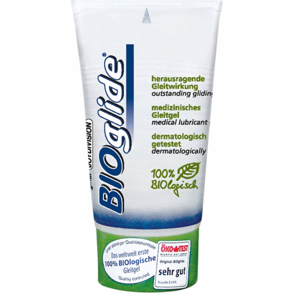 BIOglide Gel-Tube. Aufschrift: Medizinische Gleitgel, dermatologisch getestet, 100% biologisch.