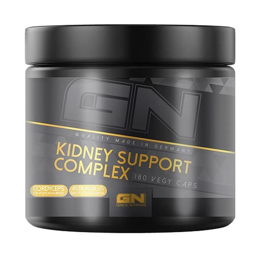 Schwarze Dose mit goldfarbenem Etikett. Aufschrift: Kidney Support Complex, 180 Vegy Caps. GN-Logo.