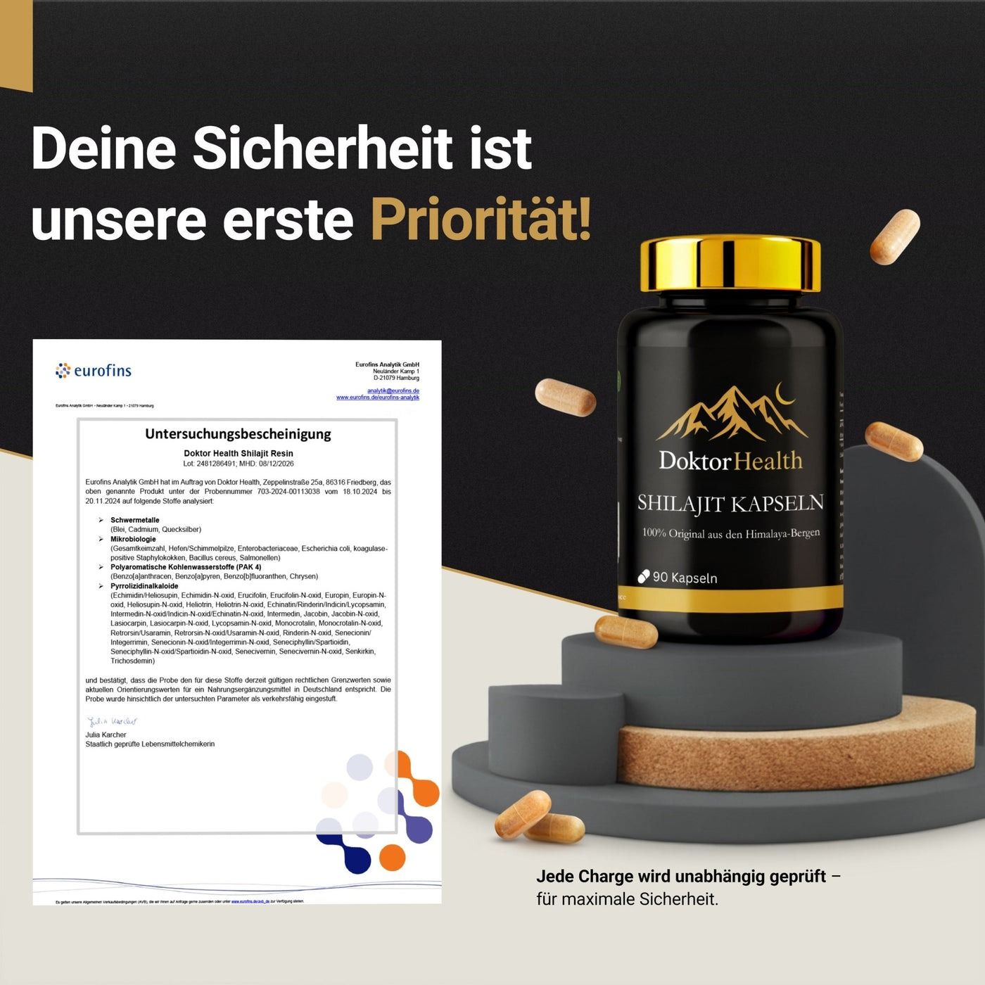 Schwarze Flasche mit goldenem Deckel und Kapseln. Zertifikat und Text: Deine Sicherheit ist unsere erste Priorität! Jede Charge geprüft.