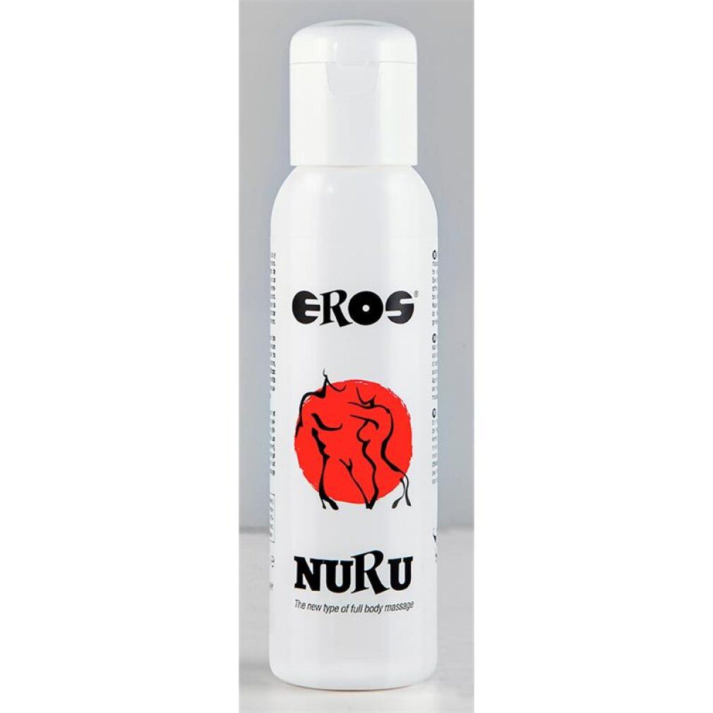 Weiße Flasche Nuru Massagegel von Eros mit rotem Kreis und Figurenlogo.