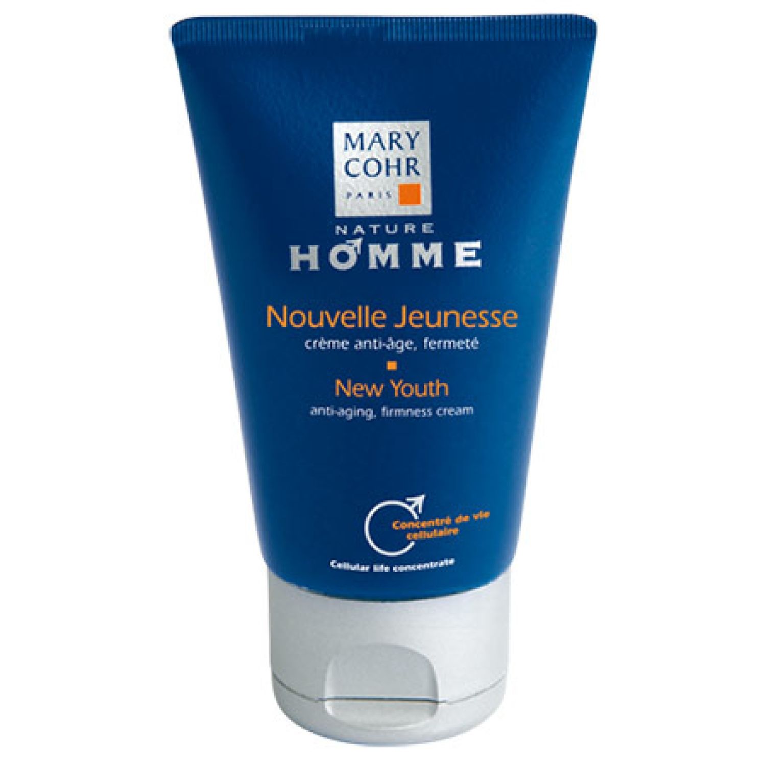 Blaue Tube mit weißem Verschluss. Aufschrift: MARY COHR PARIS, HOMME, Nouvelle Jeunesse, New Youth, Anti-Aging Creme.