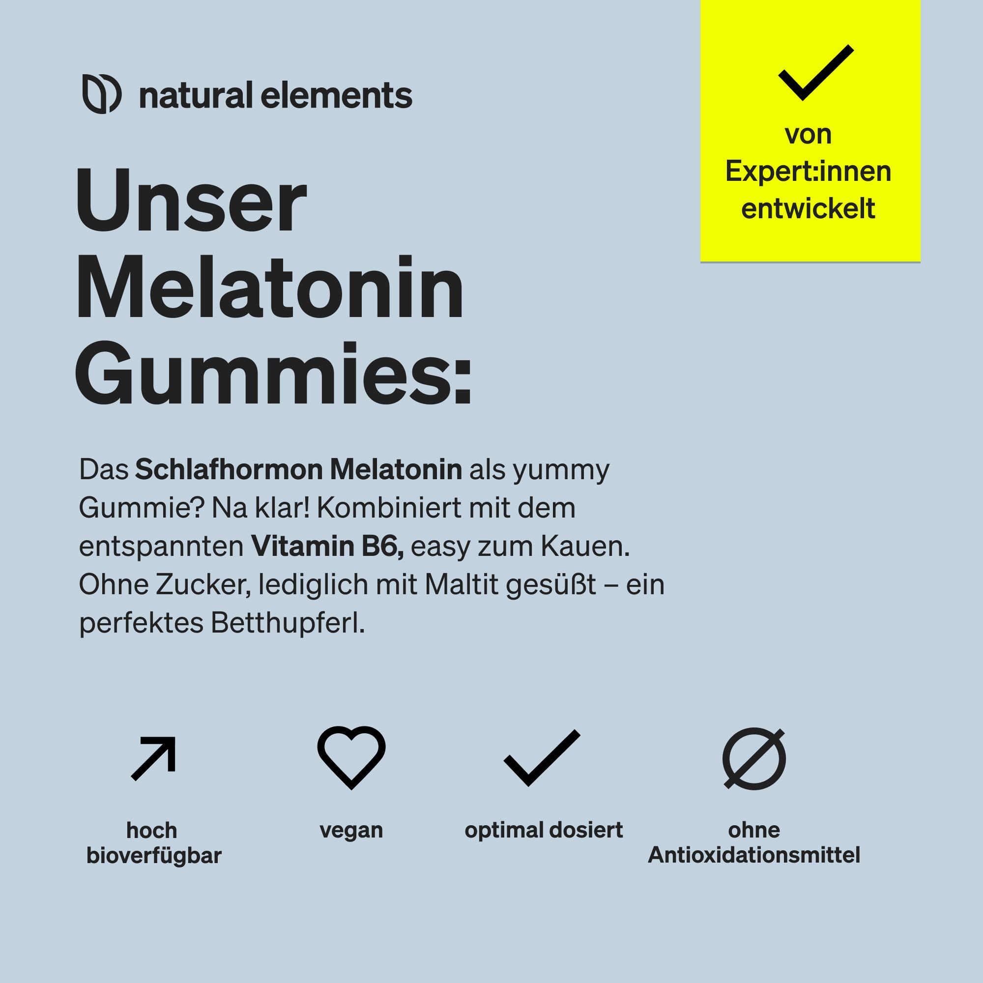 Text-basierte Werbung für Melatonin Gummies. Enthält Icons und Text.