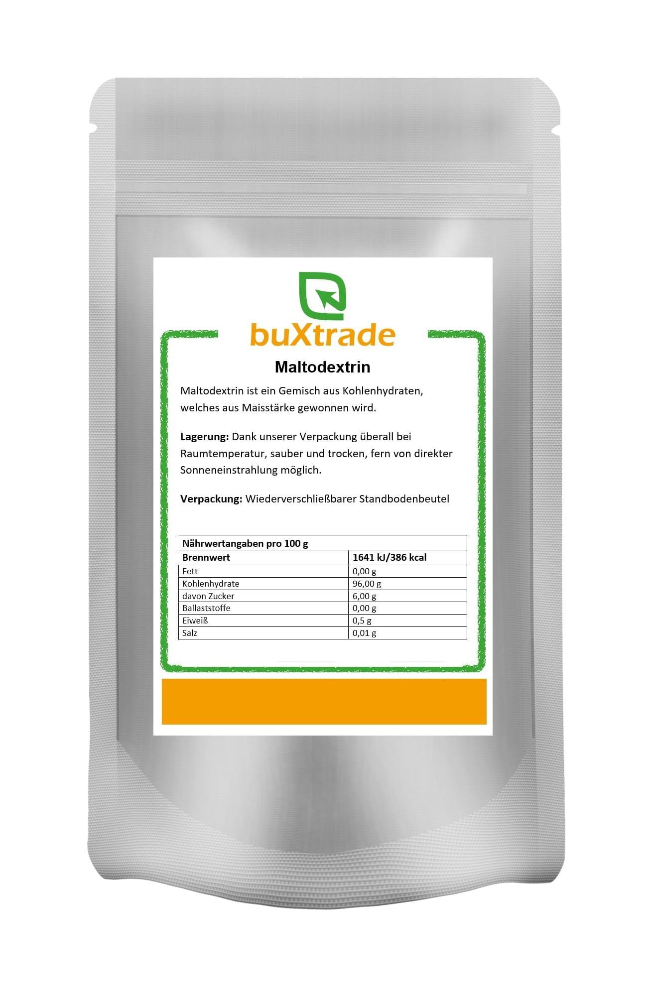 Beutel mit buXtrade Maltodextrin. Weißer Beutel mit grünem Etikett. Enthält Nährwertangaben.