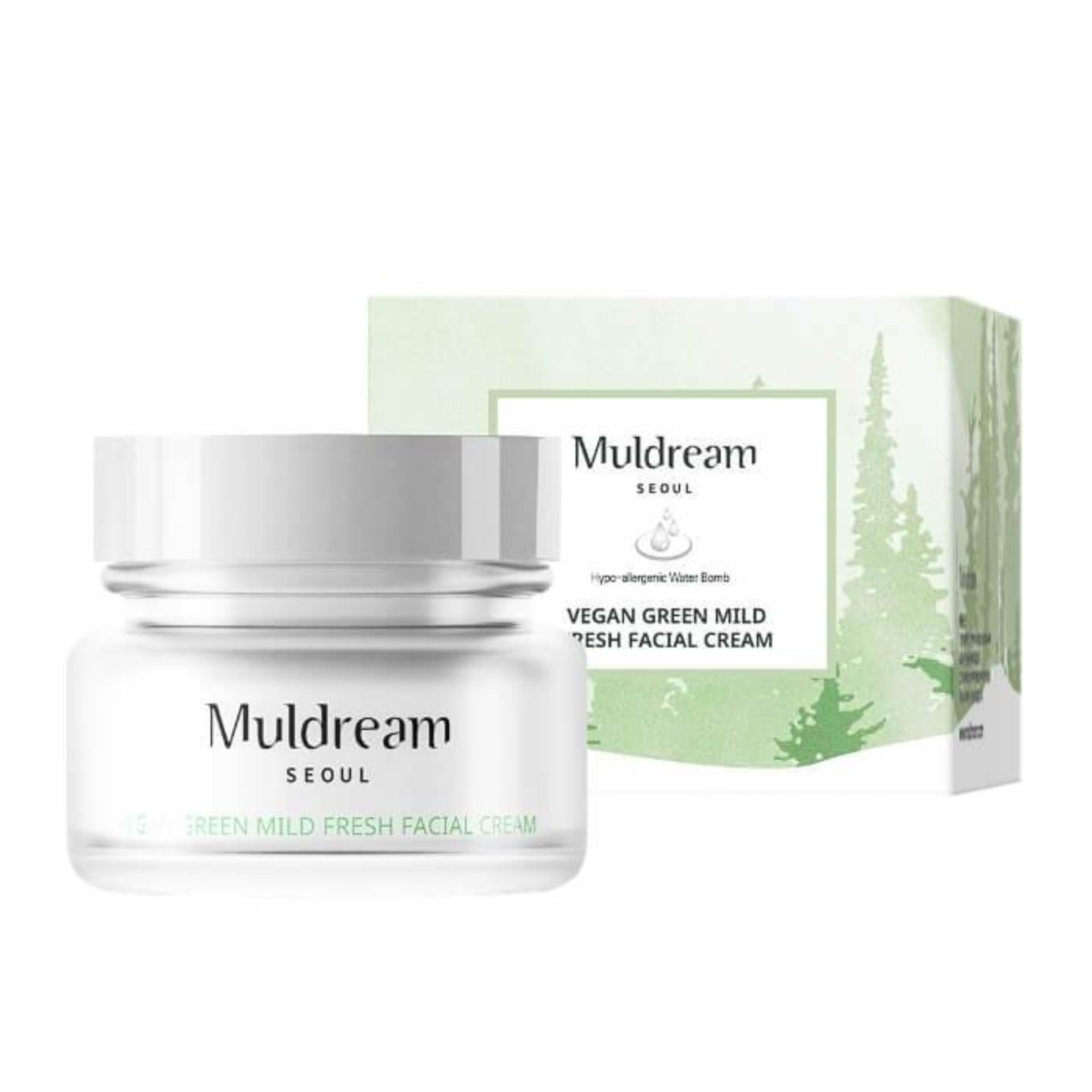 Creme-Glas mit Deckel und Verpackung. Aufschrift: Muldream Seoul, Green Mild Fresh Facial Cream. Verpackung mit Baum-Motiv.