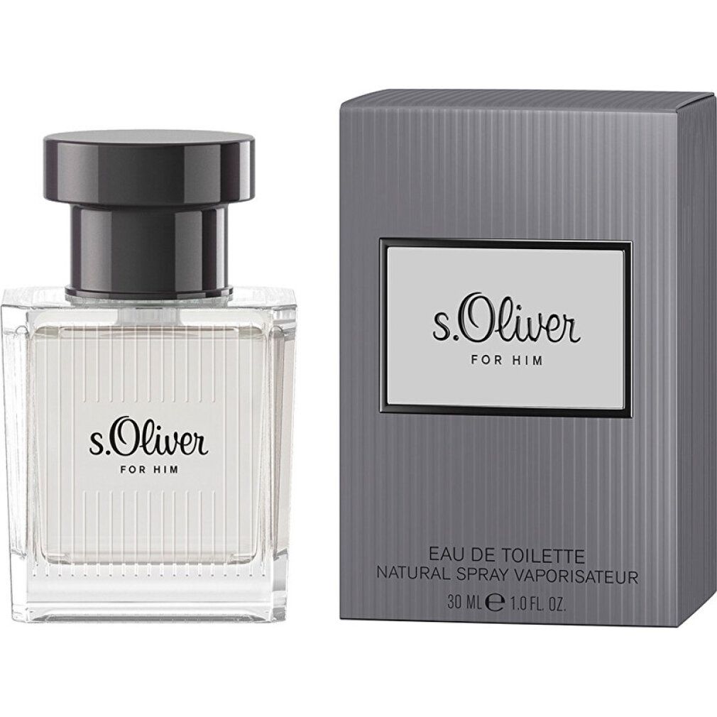 Parfümflakon und Verpackung. Flakon quadratisch, transparent, mit schwarzem Deckel. Verpackung grau, mit weißem Etikett "s.Oliver FOR HIM".